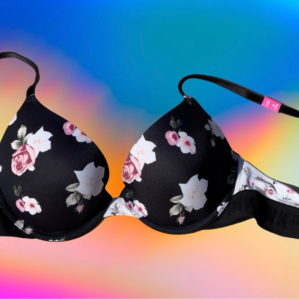 Pink VS 32C Wear Everywhere Push up Victoria Secret Floral Black Bra NWT